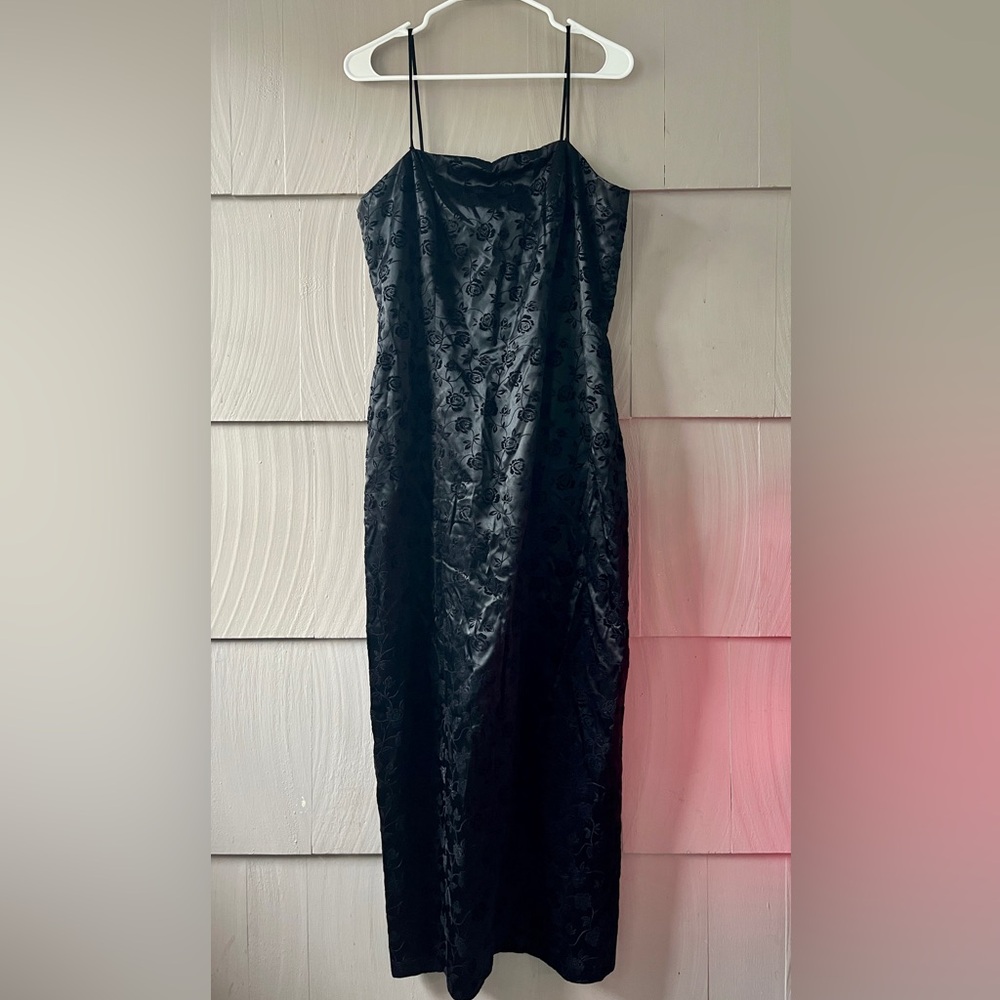 Vtg 90s Black Burnout Velvet & Satin Floral Slip Midi Dress